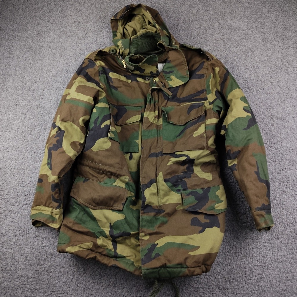 Rothco Field Jacket Kids XS M-65 Woodland Camo Hooded Quilted Lining EUC
